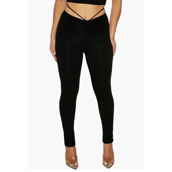 Naked Wardrobe Rich Tie Wrap Waist Ruched High Rise Leggings Pant Black Medium - Picture 1 of 13